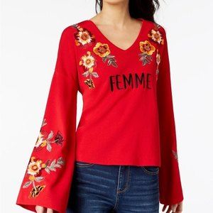 I.N.C. Femme Red Cottagecore Flare Bell Sleeve Flower Patchwork Sweater Plus 1X